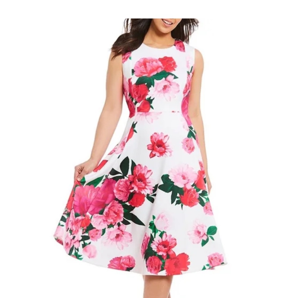 Calvin Klein Fit and Flair Floral Dress - White and Pink